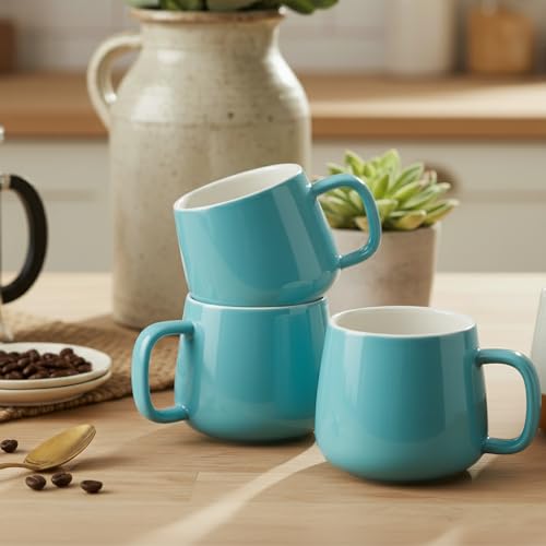 Teocera Coffee Mugs Set of 6-12oz Chip-Resistant Ceramic Cups with Ergonomic Handle | Dishwasher & Microwave Safe Turquoise Mugs | Keeps Beverage Hot, Perfect for Family Kitchen & Holiday Gifts - color: Turquoise （Set of 6)