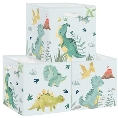 Clastyle 11.8" Dinosaur Storage Basket Set of 3 for Kid Boy Toy Clothes Bin | Collapsible Fabric Book Bin, Metal Frame Bottom Board, Cube Organizer, Closet Nursery Pantry Shelf Bedroom, Green Volcano - color: Volcanoes