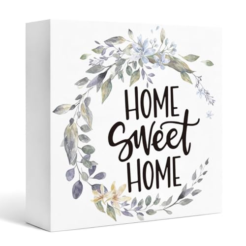 Farmhouse Wall Decor White Wood Box Sign, Home Sweet Home Floral Wreath Rustic Tabletop Shelf Display Accent for Entryway Living Room Housewarming Gift 5x5 Inches - color: Homre Sign 29