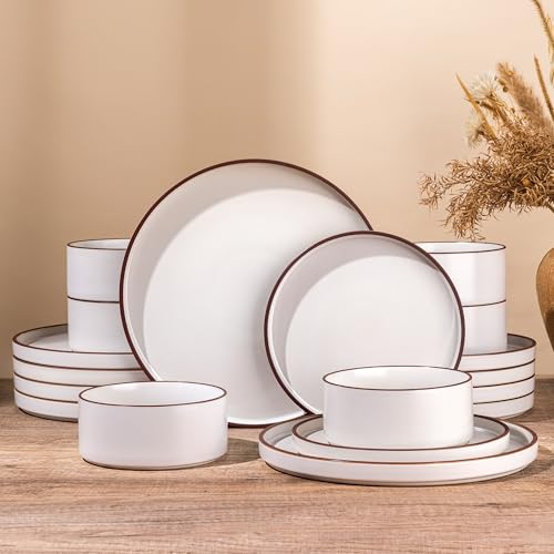 LERATIO Stoneware Dinnerware Sets for 4,12-Piece Matte Plates and Bowls Set | Handmade High Edge Rim Dish Set,Oven & Microwave,Dishwasher Safe,Scratch Resistant-Vanilla White - color: Vanilla White, size: Service for 4