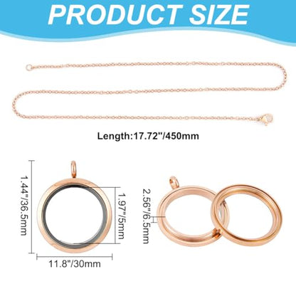 4pcs Photo Locket Charms Necklace Round Stainless Steel Locket Pendants Crystal Double-Sided Picture Frame Memory Locket Charm with 17.7inch Chain for Wedding Jewellery Making Photo - color: Rose Gold