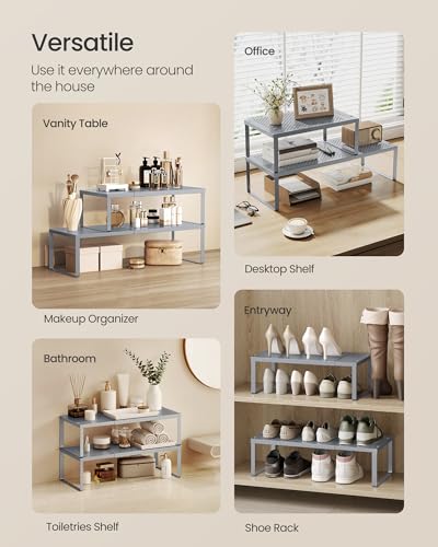 SONGMICS Spice Racks Expandable Kitchen Countertop Shelves, Metal | Set of 2 small cupboard organizers, space-saving tabletop shelves, Silver, UKCS402FG01 - color: Silver, size: Set of 2