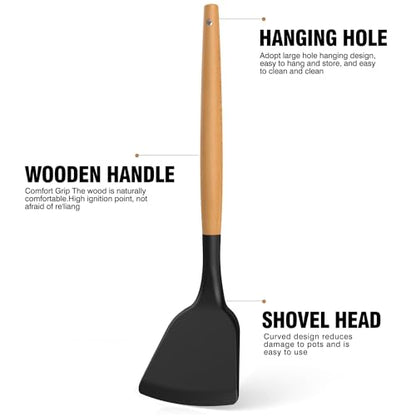Silicone Cooking Utensils Set - AVGPD Silicone Kitchen Utensils for Cooking Wooden Handles, 446°F Heat Resistant Kitchen Utensil Spatula Sets, Gadgets for Non-Stick Cookware BPA FREE (Black) - color: Black