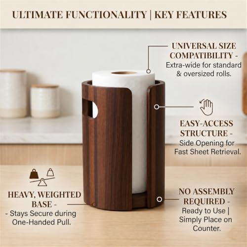 Wooden Paper Towel Holder Countertop, Weighted Base Acacia Wooden Kitchen roll rack with splash guard, and non-slip design, One-Hand Tear Design, Farmhouse Paper Towel Stand for Kitchen, Apartment, RV