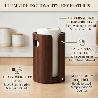 Wooden Paper Towel Holder Countertop, Weighted Base Acacia Wooden Kitchen roll rack with splash guard, and non-slip design, One-Hand Tear Design, Farmhouse Paper Towel Stand for Kitchen, Apartment, RV