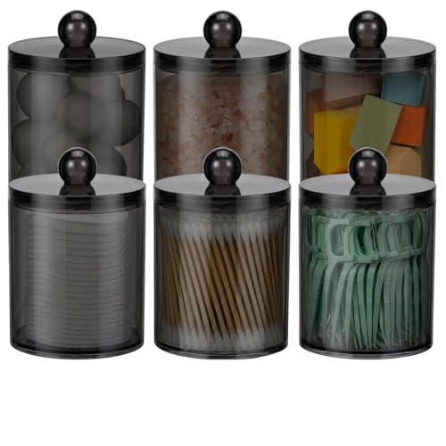 6 Pack Acrylic Qtip Holder Dispenser for Cotton Swabs, Balls, Floss Picks | Thick, Clear Black, w/ Labels - Small Canister Apothecary Jar Set, Bathroom Decor Essentials, Shelf Vanity Storage Organizer - color: Black-6 Pack