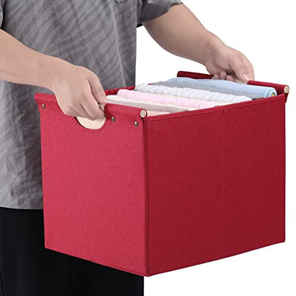 HOONEX Large Collapsible Storage Bins, Linen Fabric, Pack of 2, Storage Baskets with Wooden Carry Handles and Sturdy Heavy Cardboard, for Home, Office, Car, Nursery, Red - color: Red