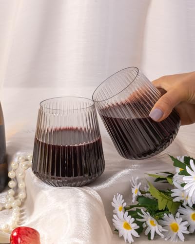 Goodluck 80 Pack 12oz Stemless Plastic Wine Glasses – Clear Ribbed Cups | Elegant Reusable Disposable Drinkware for Weddings, Parties, Bars, Indoor and Outdoor Events - color: Clear