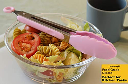 HINMAY Serving Tongs with Silicone Tips 9-Inch Food Tongs, Set of 3 (Pink) - color: Pink