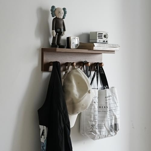 Wall Mounted Coat Rack with Shelf, Wooden Entryway Hooks, Teak Finish | Adjustable rail with movable wood hooks - color: Teak colored veneer