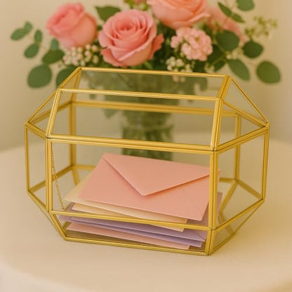 Koyal Wholesale 1 Pcs Gold Geometric Glass Wedding Card Box, Gold Wedding Reception Drop Box, Geometric Terrarium Glass Planter, Terrarium Card Box Centerpiece