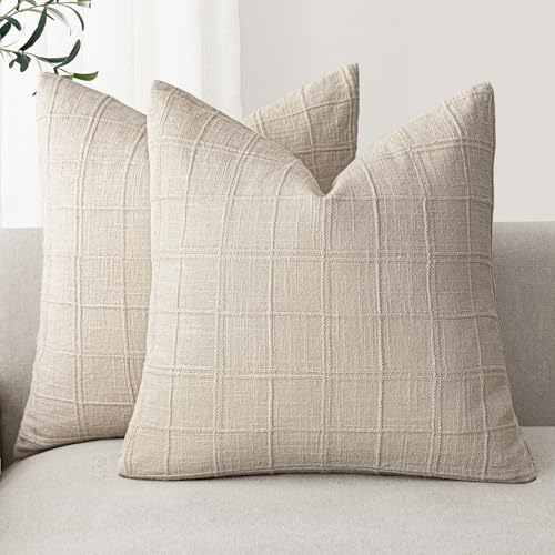 Foindtower Set of 2 Decorative Linen Check Throw Pillow Covers Neutral Farmhouse Vintage Cushion Covers Modern Boho Home Decor for Sofa Chair Couch Bedroom Living Room,16×16 Inch,Natural Linen - color: Natural Linen, size: 16" x 16" (Pack of 2)