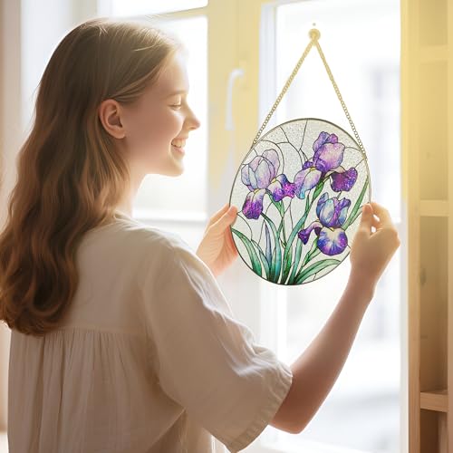 Stained Glass Window Hanging, 8 Inch Purple Irises Stained Glass Suncatcher, Flower Sun Catchers Indoor Window, Iris Flowers Gift, Flower Lovers Gifts, Housewarming Gift, Gifts for Her or Women - color: Iris Flower
