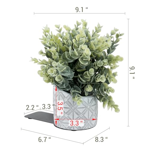 MyGift L Shaped Bookends with Faux Eucalyptus, Gray Concrete Pot, 2pc | Decorative bookends keep books upright while faux eucalyptus and an embossed planter add low-maintenance greenery to shelves - color: Artificial Eucalyptus