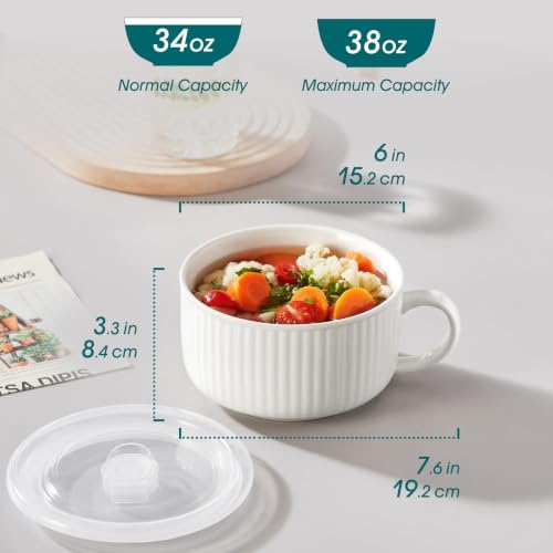 vancasso 38oz Soup Mug with Lid and Handle Steam Vent Bowl White 2 Pack | 38oz Large Ceramic Soup Mug, Vented Silicone Lid, Heat Insulated Handle, White, Microwave and Dishwasher Safe, Set of 2