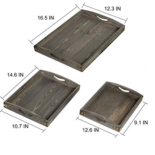 Country Farmhouse Rustic Wood Nesting Dinning Breakfast Serving Trays with Wood Handles, Set of 3,Can Put Food, Fruit, Plates｜Ottoman Decorative Coffee Table Tray (Rock Grey) - color: Rock Grey