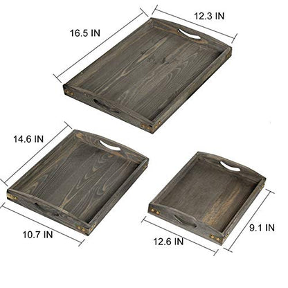 Country Farmhouse Rustic Wood Nesting Dinning Breakfast Serving Trays with Wood Handles, Set of 3,Can Put Food, Fruit, Plates｜Ottoman Decorative Coffee Table Tray (Rock Grey) - color: Rock Grey