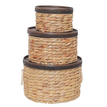 Water Hyacinth Storage Basket with Wood Lid - Handwoven Round Shelf Basket for Organizing, Rustic Woven Basket with Handle (Set of 3) for Living Room,bed room,Closet,Kitchen&Pantry