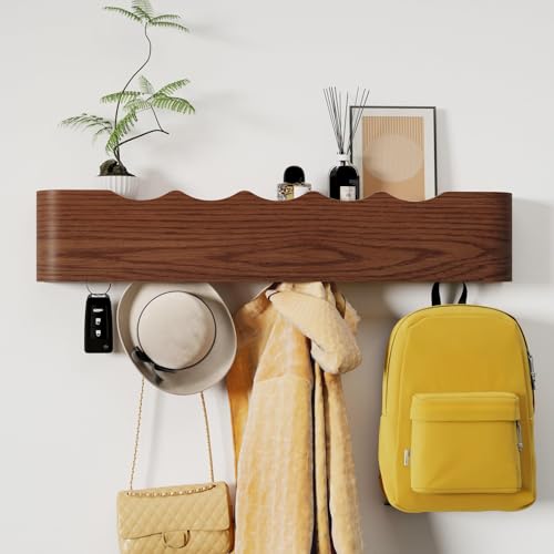 Coat Rack Wall Mount with Shelf 5 Hidden Hooks Modern Wooden Key Holder Entryway Organizer for Hallway Bedroom Bathroom Home Decor Storage for Hanging Coats Hats Bags Towels, Wave-Shape Walnut - color: Walnut Wave-Shape, size: 5 Hooks