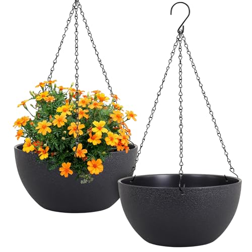 Meowell 12 inch Large Hanging Planters for Indoor Outdoor Plants, 2 Pack Hanging Flower Pots with Drainage Holes and Chain for Garden Porch, Plastic Hanging Baskets for House Plants, Black - color: Black, size: 12inch 2pcs