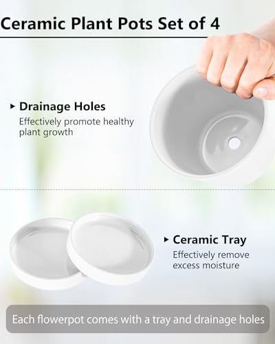 EFISPSS Flower Planter –5 inch Ceramic Plant Pots with Drainage Holes and Ceramic Tray - Gardening Home Desktop Office Windowsill Decoration Gift Set of 4 - Plants NOT Included (White) - color: White