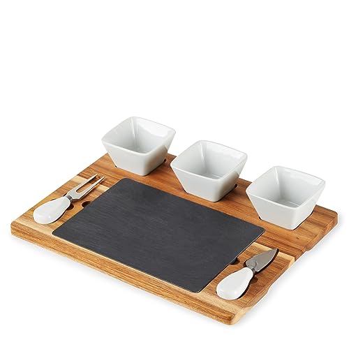 Twine Acacia & Slate Cheese Board Set - Charcuterie Board Bowls and Knives - Slate Cheese Tray Wood Cheese Board - 7-Piece Set of 1, Brown - style: Acacia & Slate Cheese Board