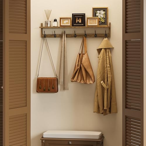 BAMEOS 35" L Wooden Coat Rack Wall Mount, Large Wall Coat Hooks with Shelf, Wall Hanging Shelf with 7 Dual Metal Hooks for Entryway, Bathroom, Kitchen, Living Room, Bedroom - style: Brown-35IN with shelf