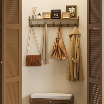 BAMEOS 35" L Wooden Coat Rack Wall Mount, Large Wall Coat Hooks with Shelf, Wall Hanging Shelf with 7 Dual Metal Hooks for Entryway, Bathroom, Kitchen, Living Room, Bedroom - style: Brown-35IN with shelf