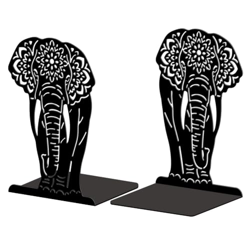 5.3"x4.3"x7.9" Metal Bookends, Heavy Duty Book Ends for Shelves | Mandala Elephant Theme Cast Iron Book Supports, 1 Pair Decor Stoppers for Desk, Library, Office & Home Shelves - style: Mandala Elephant