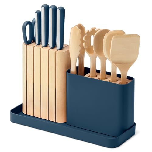 Caraway 14-Piece Kitchen Prep Tool Set with Knives & Utensils | Knife Set & Wooden Utensil Set, Made with Premium German Steel Blades & FSC-Certified Birch Wood, Non-Toxic Materials, Navy - color: Navy