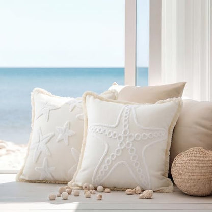 2 Pcs Starfish Pillow Covers 18 x 18 Inch Beige Coastal Beach Pillowcase | Embroidered, Soft Plush, Boho Summer Nautical Couch Cushion Case for Summer Chair Sofa Bedroom Living Room