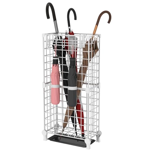 AWTATOS Umbrella Holder Entryway, Umbrella Stand Freestanding, White | Metal Square Umbrella Rack Organizer with a Removable Drip Tray, Hooks - color: White