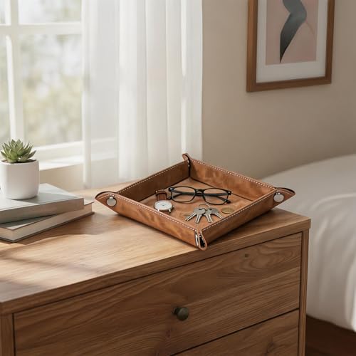 Valet Tray Desktop Storage Organizer – Vegan Leather Catchall Bedside Vanity Tray Nightstand Caddy Holder for Remote Controller, Watch, Keys, Phone, Wallet, Coin, Jewelry, Stone Khaki - color: Stone Khaki
