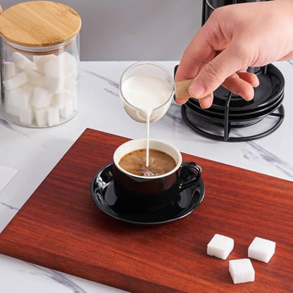 YOLIFE 2.5oz Espresso Cups Set of 4, Porcelain Stackable Espresso Cups, Expresso Shots Cup Set with Saucers and Metal Stand-Black - color: Black, size: 2.5oz