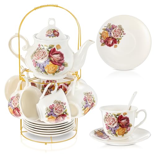 Zhehao 20 Pcs Porcelain Tea Set with Metal Holder and Spoon Adult Ceramic Tea Set European Flower Painting Teapot Cup Saucer Spoon for Women Mom Gift, Large Version (Groovy Style) - color: Styleish Style