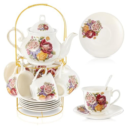 Zhehao 20 Pcs Porcelain Tea Set with Metal Holder and Spoon Adult Ceramic Tea Set European Flower Painting Teapot Cup Saucer Spoon for Women Mom Gift, Large Version (Groovy Style) - color: Styleish Style