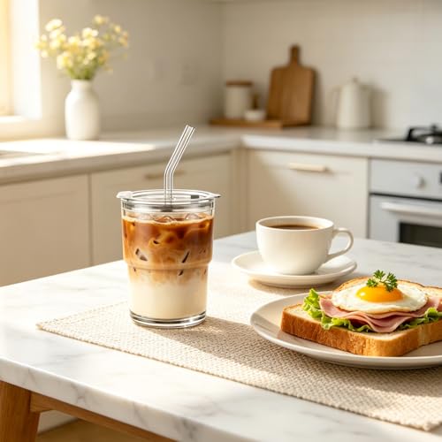 INSETLAN 13 oz Portable Glass Tumblers Set of 2, Thick Wall Glass Cups with Lid and Glass Straw, On-the-Go Coffee Cups for Iced Coffee, Tea, Milk, Hot & Cold Drinks, Travel & Daily Use - color: 13 oz - 2 Pcs