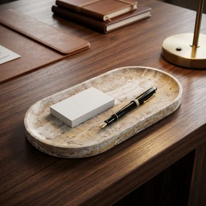 YKAJO Onyx Travertine Oval Marble Tray, 11.8x5.9 Vanity Perfume Organizer | Honed natural stone; jewelry & trinket dish, ring & key holder, soap & candle catchall; bath counter, dresser, coffee table - color: Onyx Travertine, size: 11.8" x 5.9" x 0.6"