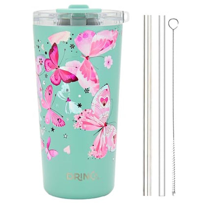 Drinco - 20 oz Stainless Steel Tumbler | Double Walled Vacuum Insulated Mug With Lid, 2 Straws, For Hot & Cold Drinks (20oz Butterfly) - color: 20oz Butterfly