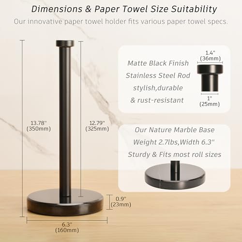 Paper Towel Holder Countertop, Heavy Weighted Black Marble Paper Towels Holder for Kitchen Counter, Modern Standing Papertowel Roll Holders(Matte Black Stainless Steel Bar, Black Natural Marble Base) - color: Black-b