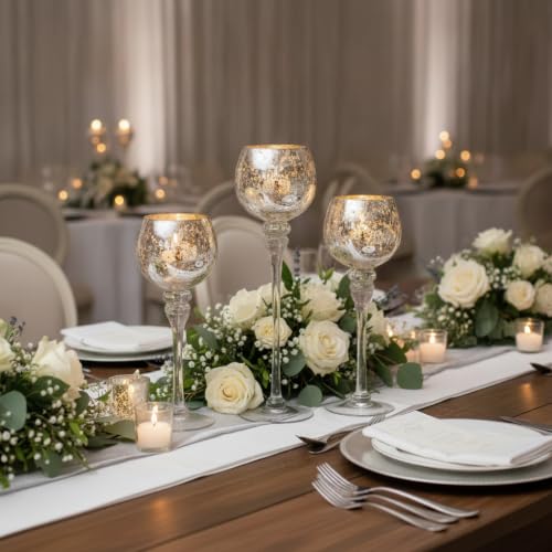 Glass Tealight Candle Holder: Silver Mercury Crackle Candle Holder | 9/10/12 Inch Tall, for Floating & Votives, Long Setm Vintage Decor for Wedding, Party, Christmas, Dining Table, Set of 3 - color: Silver