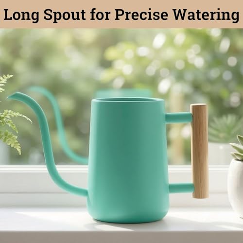 Metal Small Indoor Watering Can with Long Spout & Real Wood Handle, 35oz | Long Spout, Stainless Steel, Real Wood Handle, Gentle Flow, No Spills, Suitable for House Plants, Succulents & Seedlings - color: Mint Green