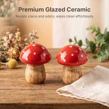 Mushroom Salt and Pepper Shakers Set Ceramic Red Toadstool Dispenser | 2-piece ceramic mushroom salt and pepper shakers with 3 and 2 top holes and silicone bottom stoppers for kitchen table decor.