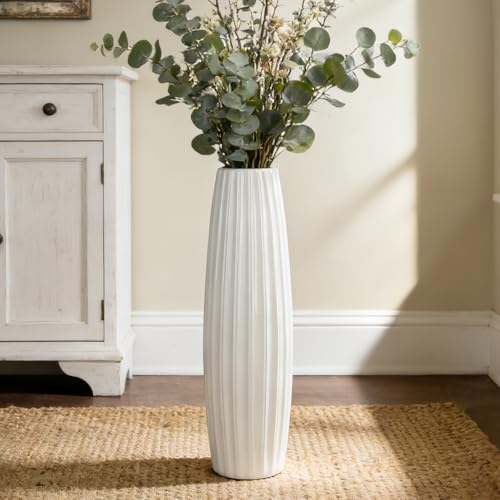 White Tall Ceramic Floor Vase, 24 Inch, Ribbed Drum Design | Glossy Glazed Finish, Living Room, Fireplace, Entryway, Pampas Grass - color: Vertical Stripes, size: Height-24 Inch