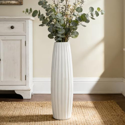 White Tall Ceramic Floor Vase, 24 Inch, Ribbed Drum Design | Glossy Glazed Finish, Living Room, Fireplace, Entryway, Pampas Grass - color: Vertical Stripes, size: Height-24 Inch