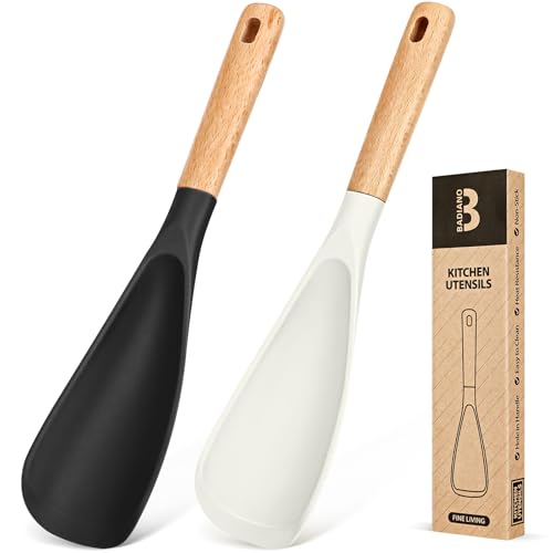 Cooking Spoon for Nonstick Cookwares, Great for Cooking and Serving Sturdy BPA-Free Matte Silicone, Wood Handle Spoon for Mixing, Scoop, and Scrape (Black & White, 11.4 inch) - color: Black/White, size: 11.4 inch