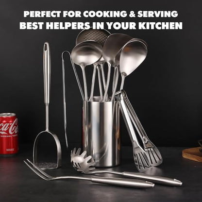 18/10 Stainless Steel Kitchen Utensils Set - 12 PCS All Metal Cooking Tools | 15″ Cooking Utensils - Potato Masher, Meat Fork, Tongs, Turner, Pasta, Serving Spoon, Skimmer, Ladle, Spatula Spoon Set - color: 12-Pieces