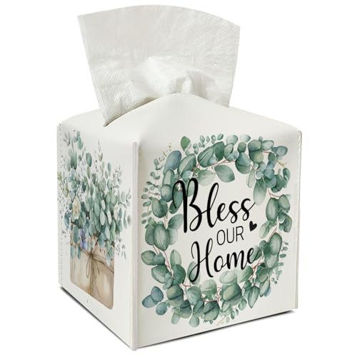 Eucalyptus Leather Tissue Holder with Bottom Belt for Women Housewarming Gift Watercolor Tissue Box Cover Bathroom Car Nightstand Vanity Kitchen Decor Waterproof Napkin Organizer Dispenser - FS710 - color: Green 05