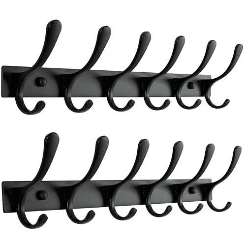 SKOLOO Heavy Duty Wall Mounted Coat Rack - 6 Hooks, Stainless Steel, Pack of 2, Sturdy Coat Hooks for Hanging Clothes, Jacket, Hat, Black - color: Black, size: 6 Hook(2 Pack)