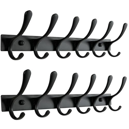 SKOLOO Heavy Duty Wall Mounted Coat Rack - 6 Hooks, Stainless Steel, Pack of 2, Sturdy Coat Hooks for Hanging Clothes, Jacket, Hat, Black - color: Black, size: 6 Hook(2 Pack)